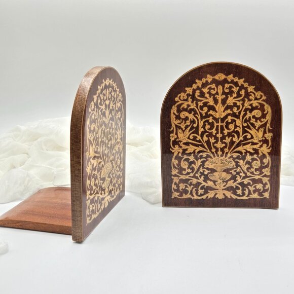 Pair of Vintage Sorrento Marquetry Folding Bookend with Hinges, Inlaid Wood - Picture 1 of 15